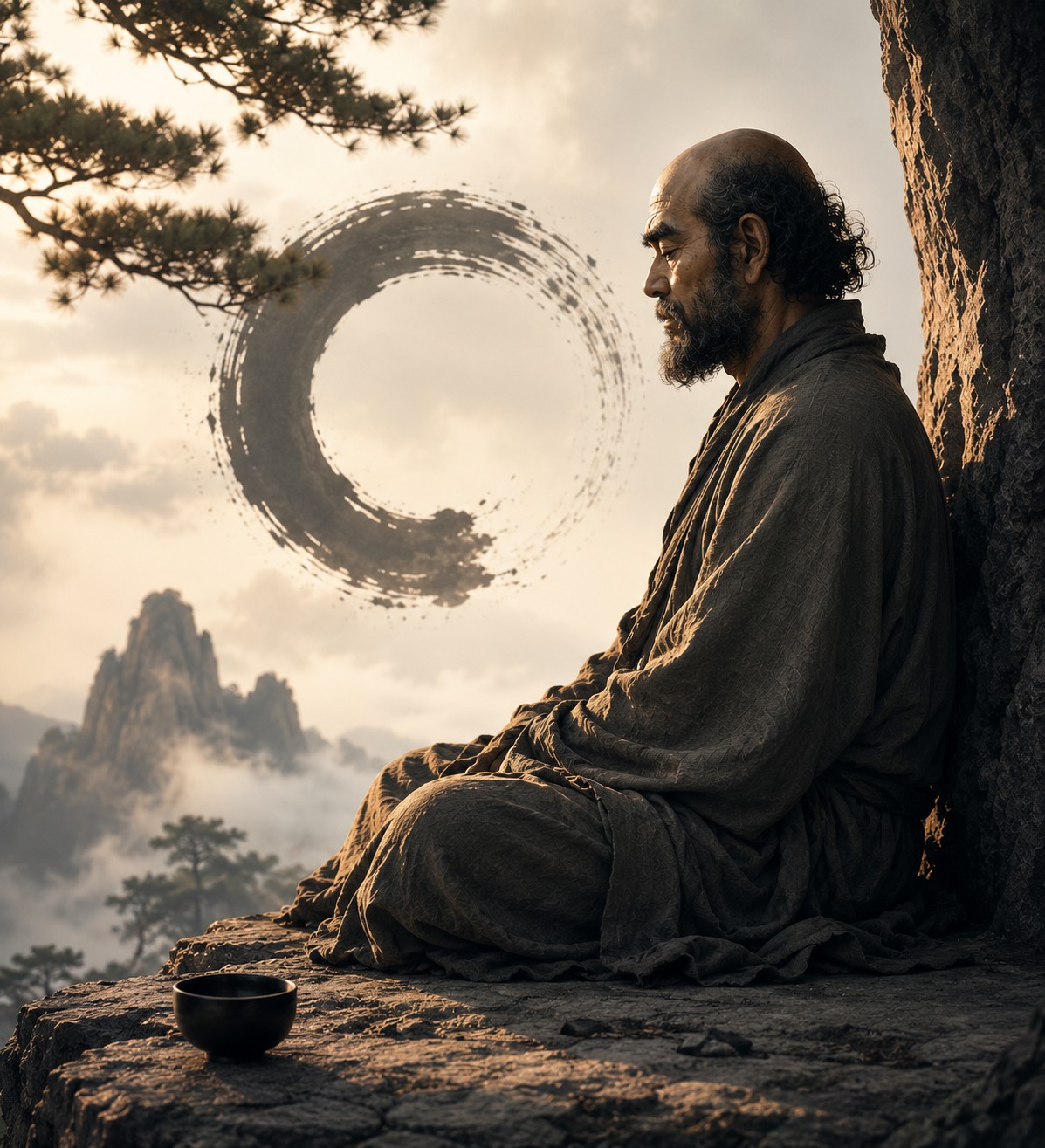 菩提达摩：一位浓须深目高鼻的印度僧人披暗红袈裟，面向粗粝石壁结跏趺坐，双手结禅定印，身影与石壁间仅余一掌之距，四周大片空寂，石壁深