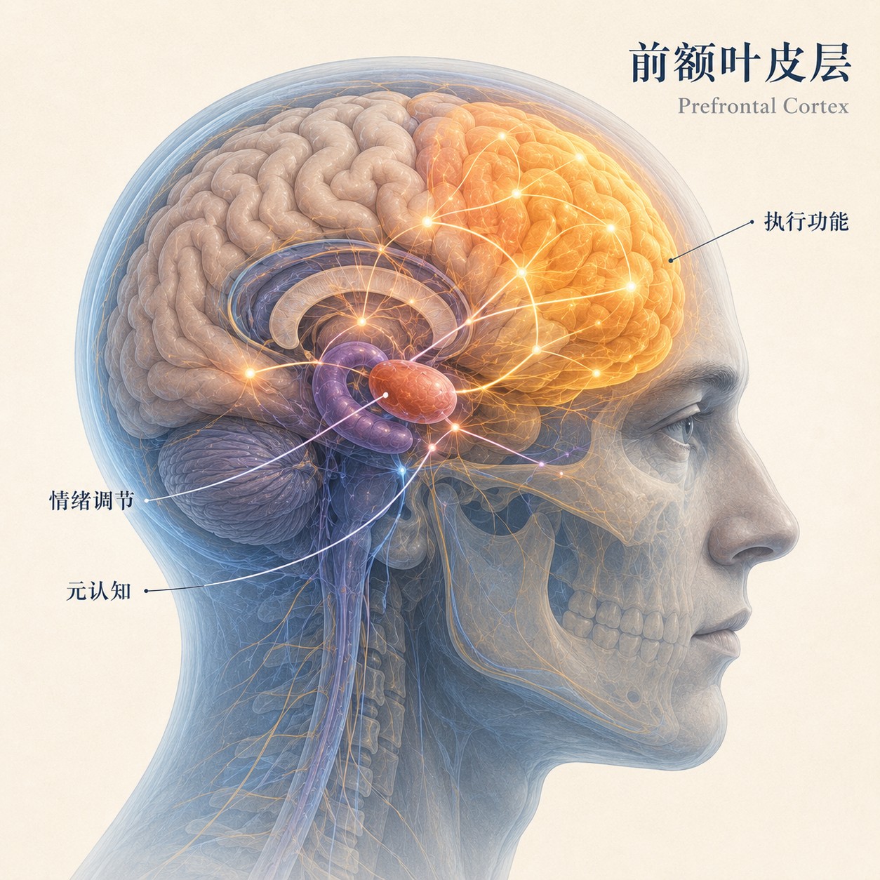 前额叶皮层：人类大脑侧面轮廓图中最前端的皮层区域微微凸起，该区域呈现清晰解剖结构，周围脑区渐隐于背景留白处，皮层沟回间有极细微的光点