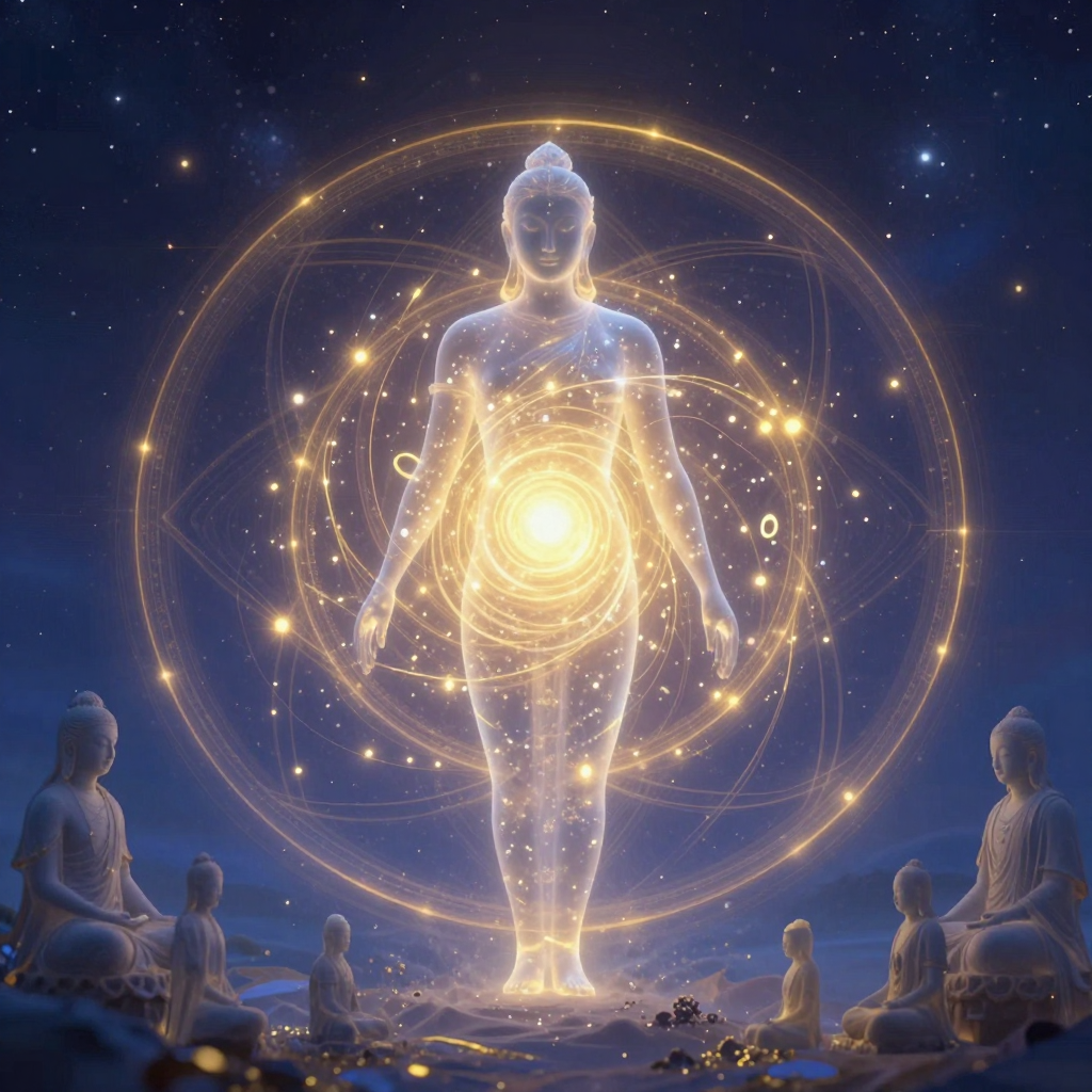 灵魂碎片：A translucent figure with scattered luminous fragments spira