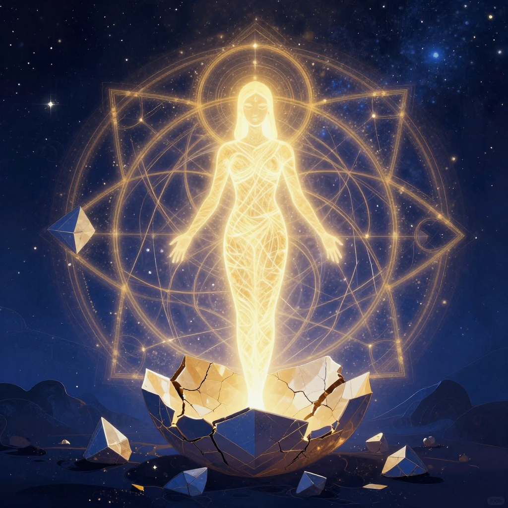 积极瓦解：A luminous figure emerging from cracking geometric shells, a