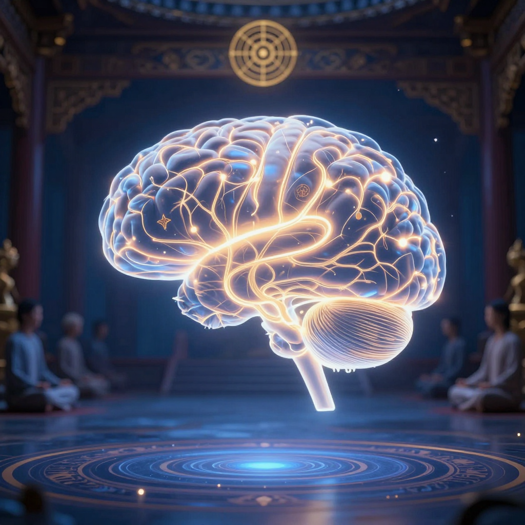 默观科学：A serene meditation hall with a translucent hologram of a gl