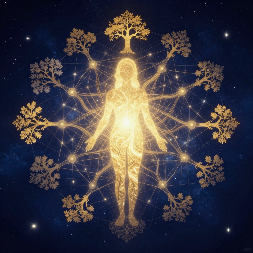 超个人生态学：A luminous human silhouette dissolving into a vast web of in