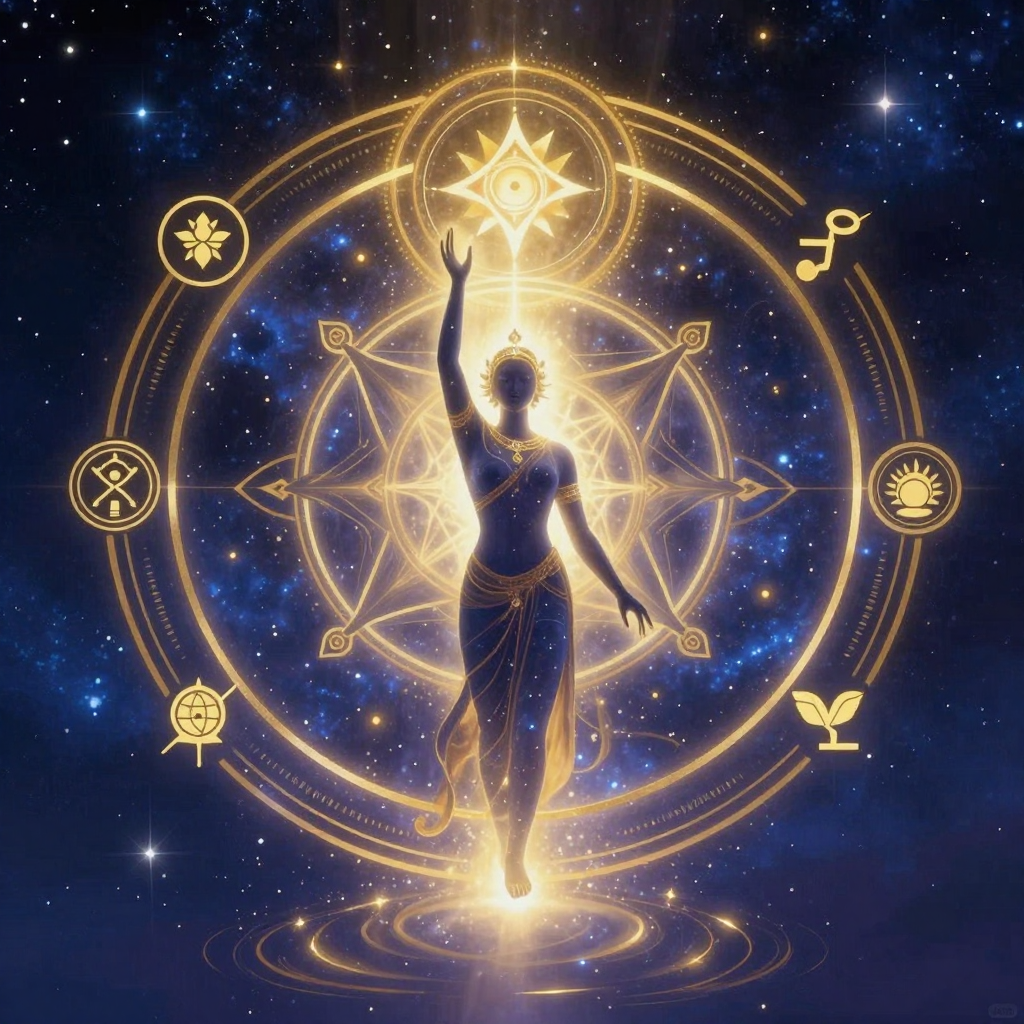 超越性自我实现：A figure reaching upward, merging with cosmic light, surroun