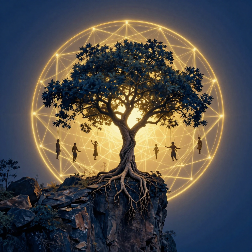 保护性因素：A tree growing on a cliff edge, its roots gripping the rock,