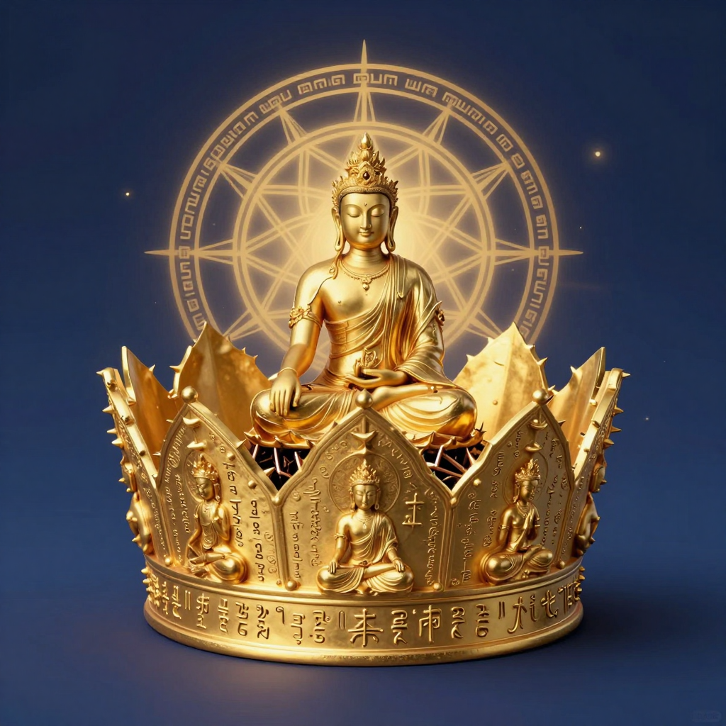 灵性唯物主义：A golden crown intricately carved with meditation poses and 