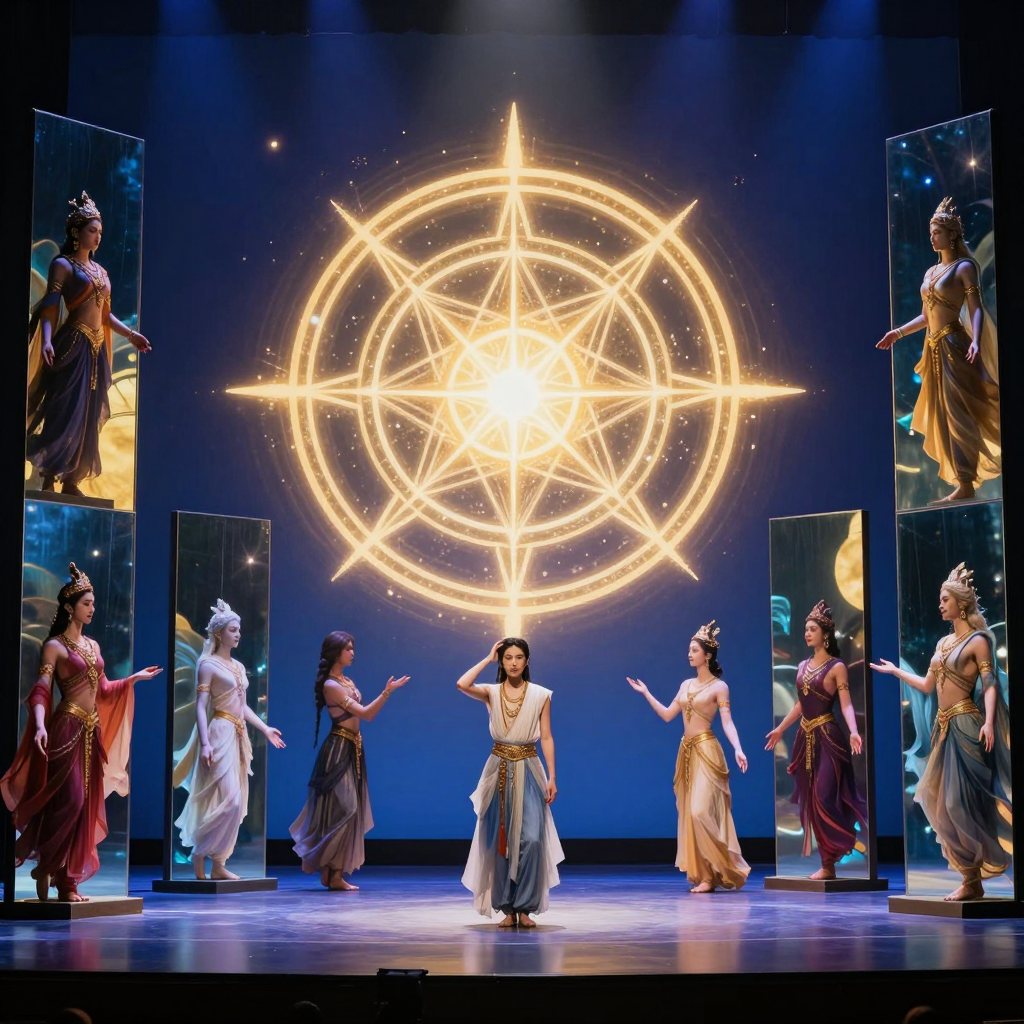 表演心理学：An actor on a stage surrounded by mirrors reflecting differe