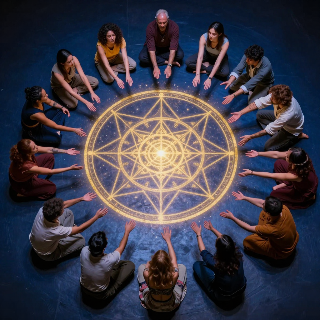 社会治疗：A diverse circle of people engaged in spontaneous theatrical