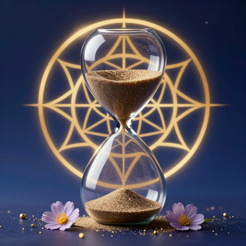死亡觉知：A delicate hourglass with sand falling, yet the sand transfo