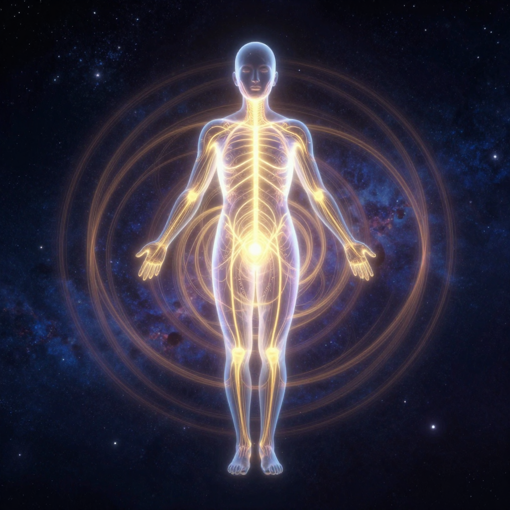 过度兴奋性：A translucent human figure with five luminous streams of ene
