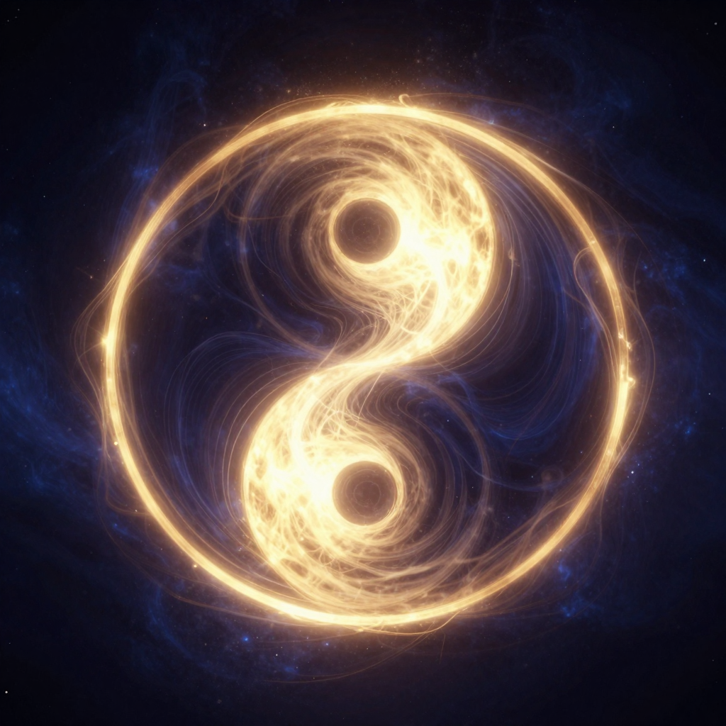阴阳失衡：A glowing yin yang symbol with one half fiercely bright and 