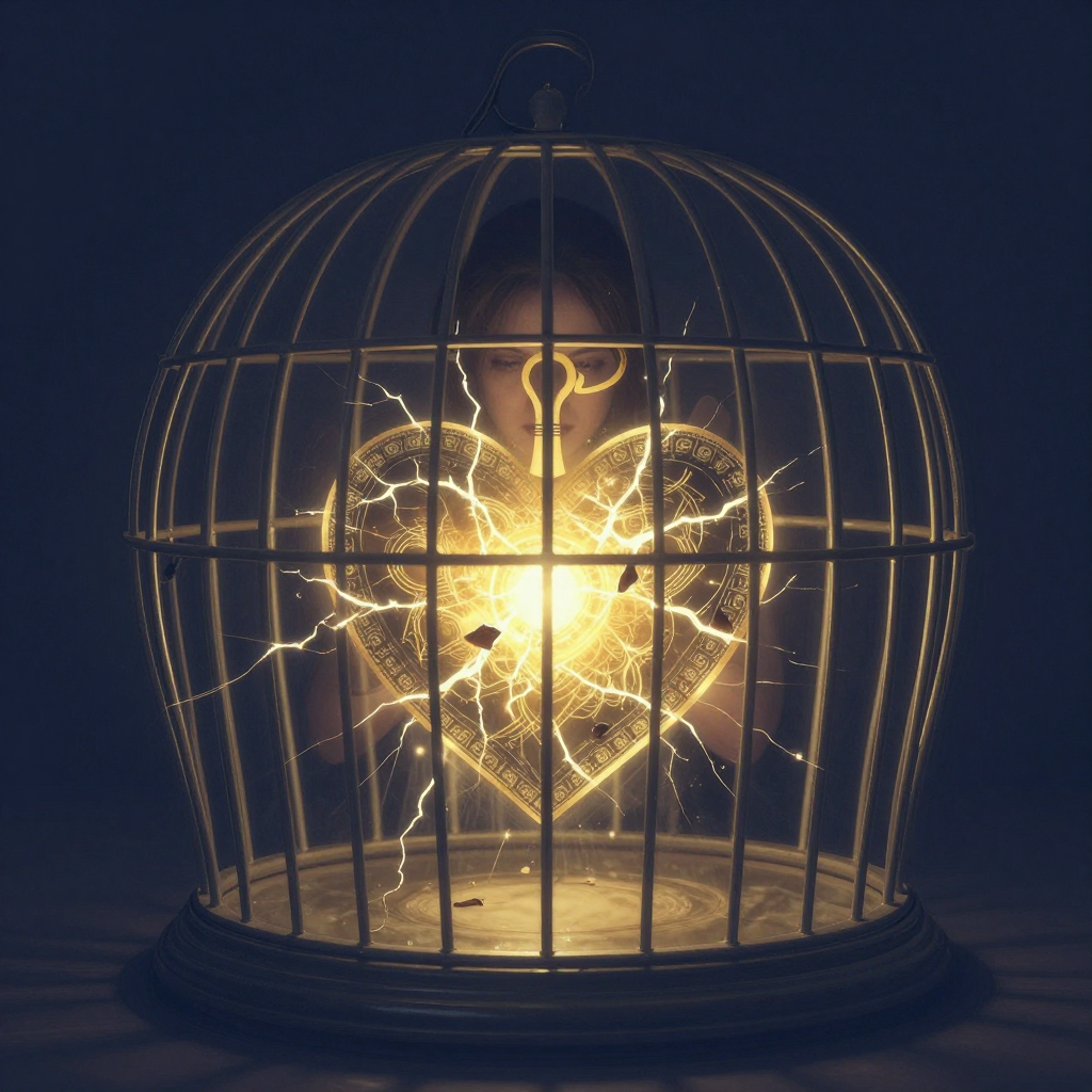 压抑情绪：A person with a cage around their heart, muted colors, but a