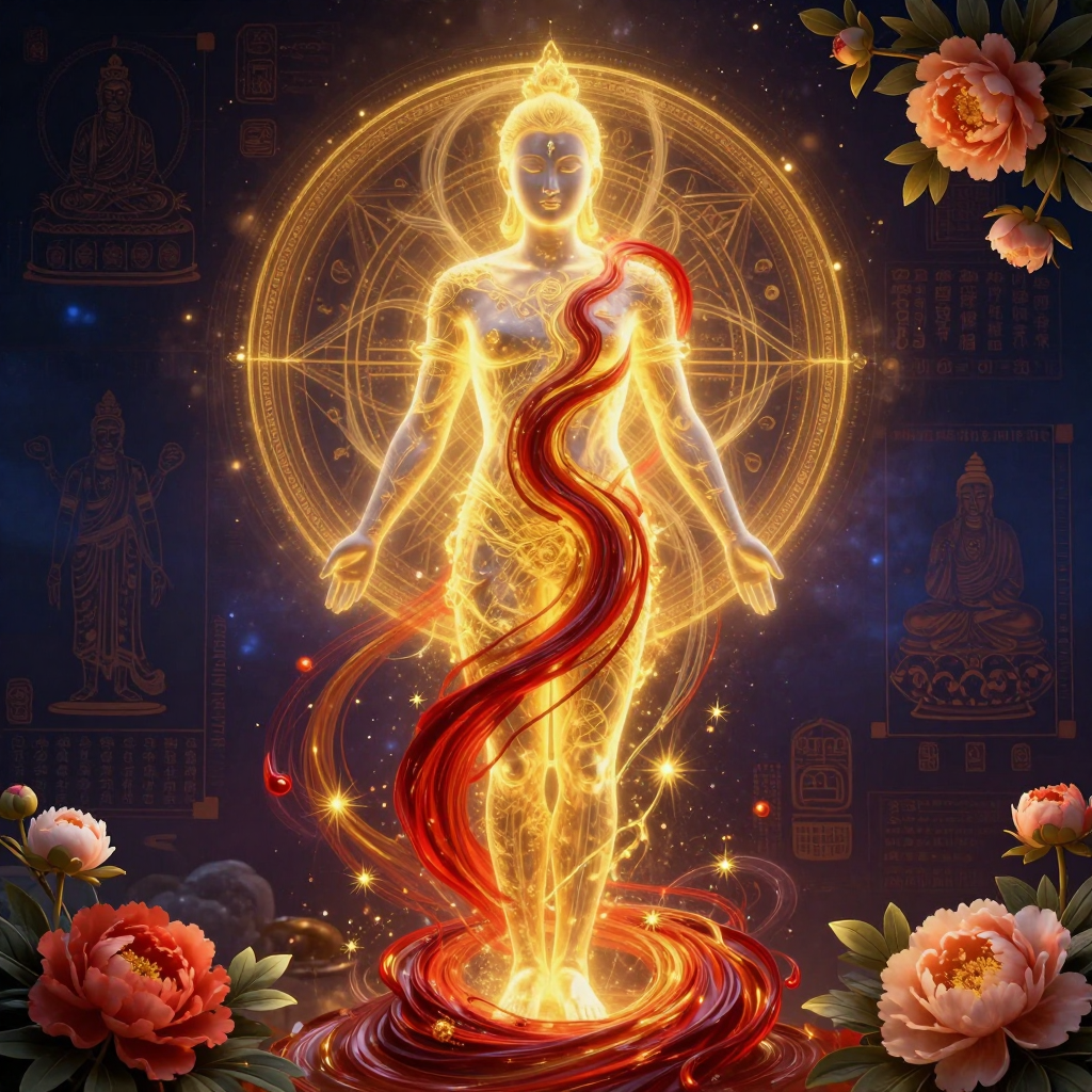气血循环：A flowing river of golden light and deep red merging gracefu