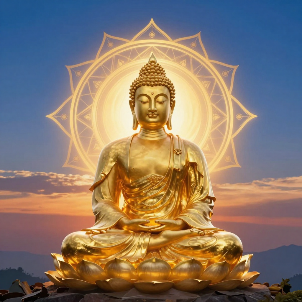 观想念佛：A serene person sitting in meditation, visualizing a radiant