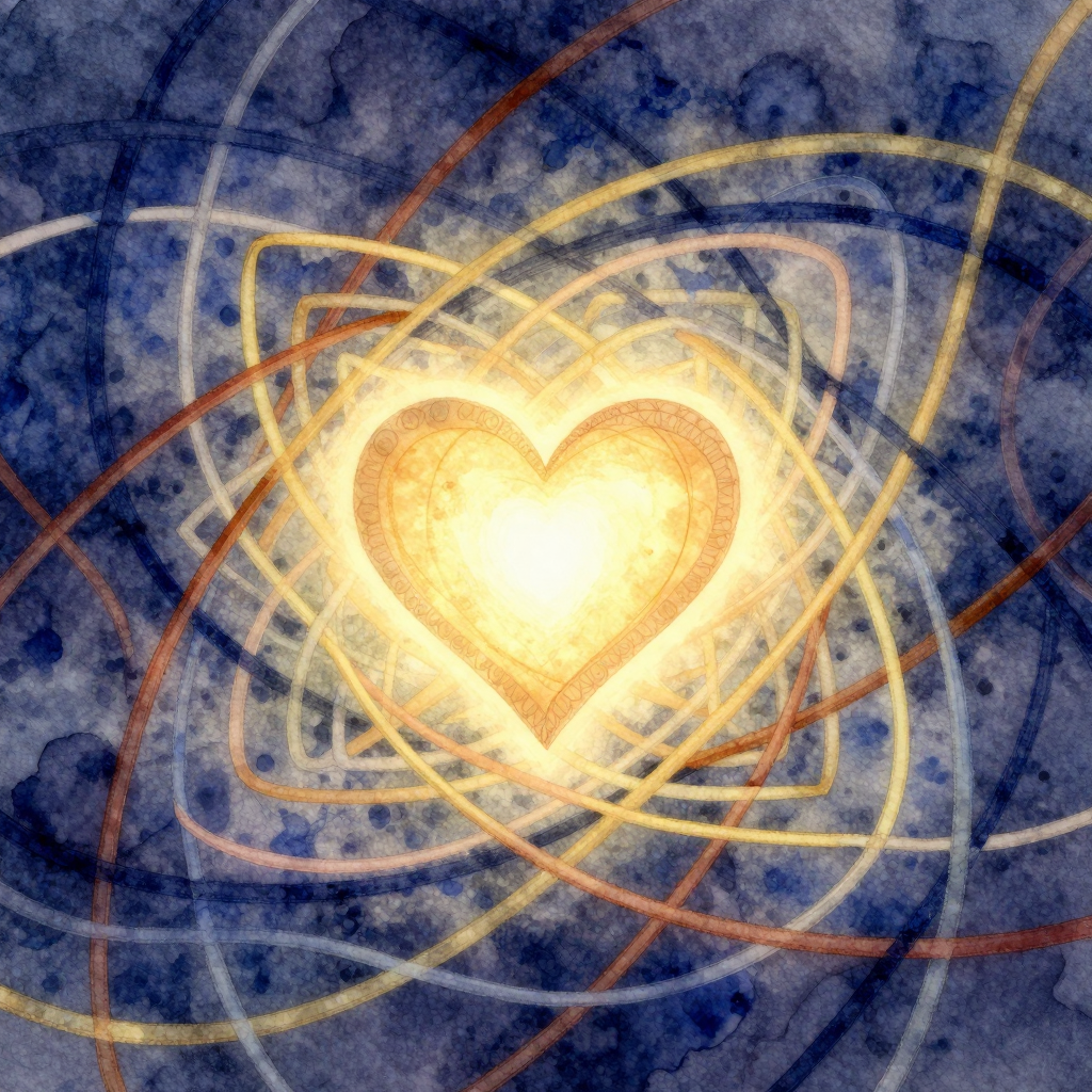 依恋风格：Intertwined threads of different colors forming secure, anxi