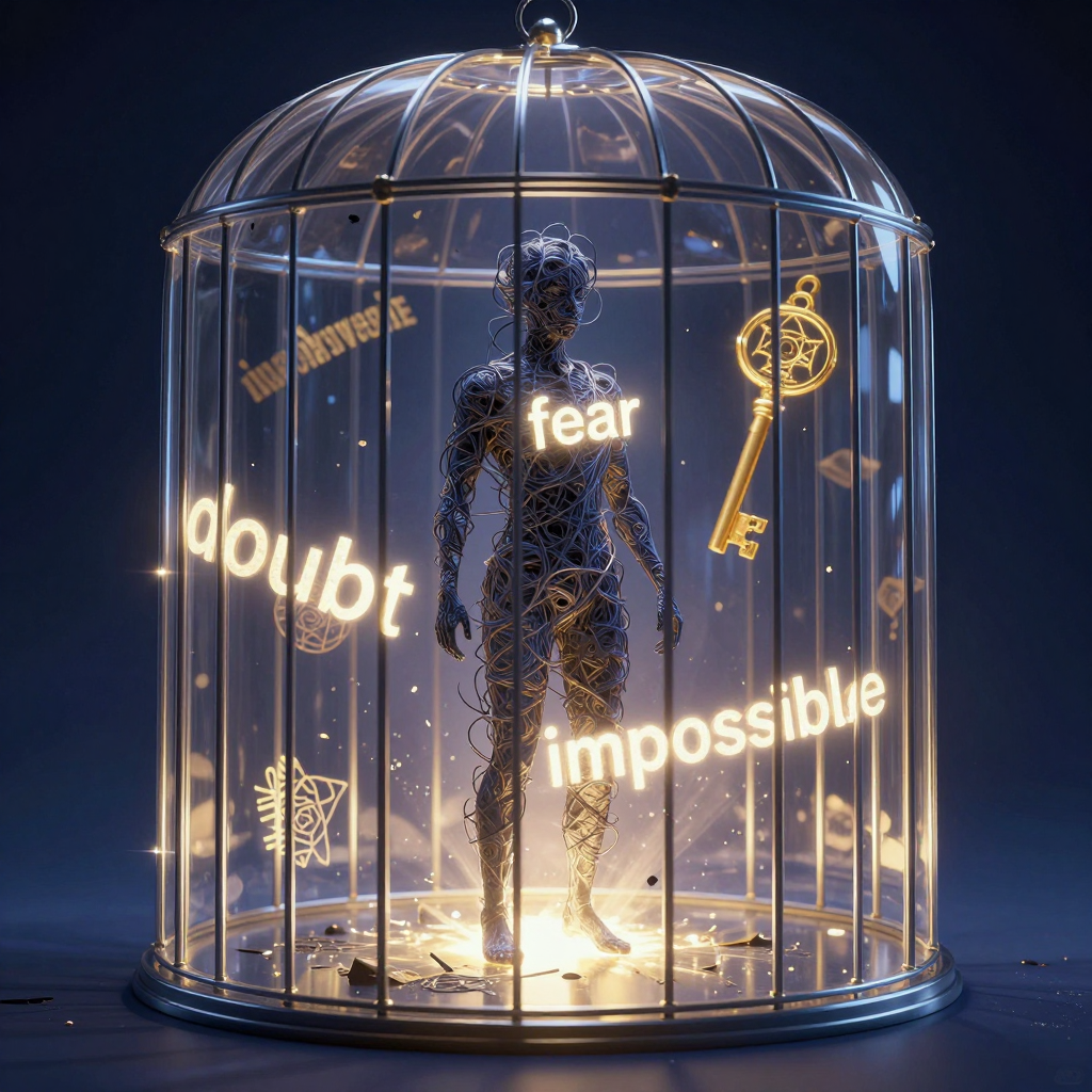 心智牢笼：A surreal image of a human figure inside a transparent cage 