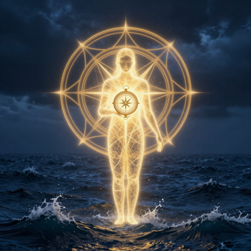 意识自主：A luminous human figure at the center of a stormy sea, holdi