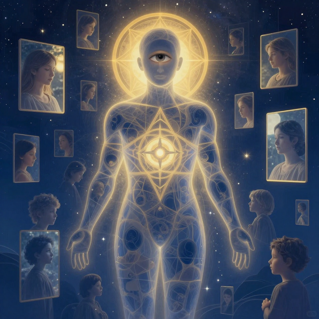 内在客体关系：A translucent human form composed of interlocking adult and 