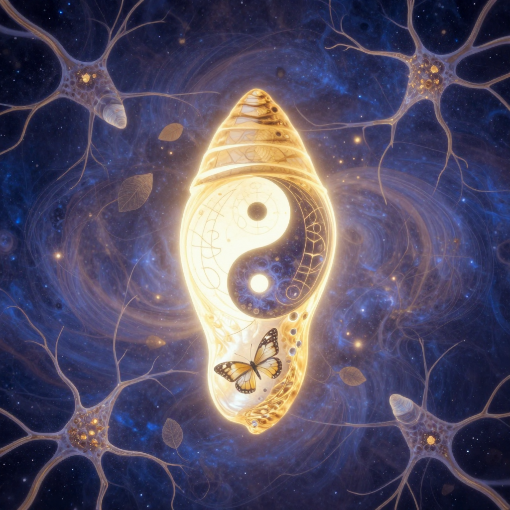 改变：A luminous chrysalis transforming into a butterfly with a yi