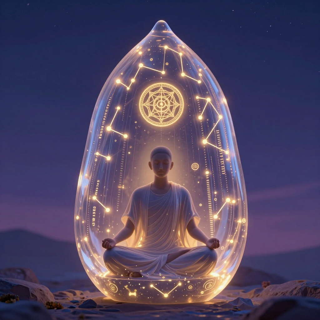 算法推荐：A serene figure meditating inside a translucent cocoon woven