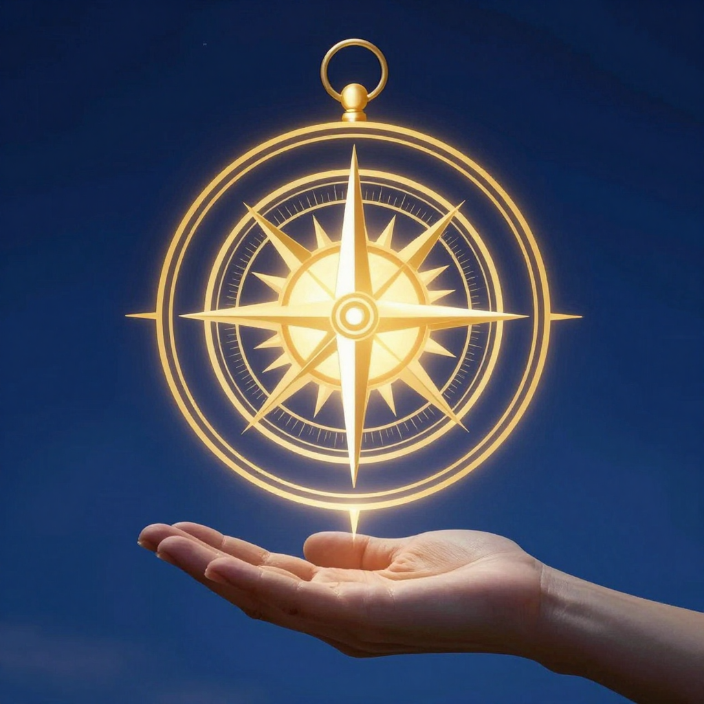 自律道德：A luminous compass floating above an open hand, its needle p