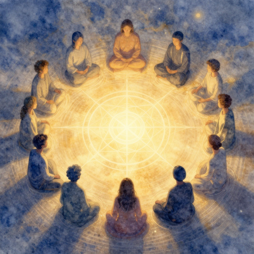 团体场域：A translucent web of golden light connecting a circle of peo