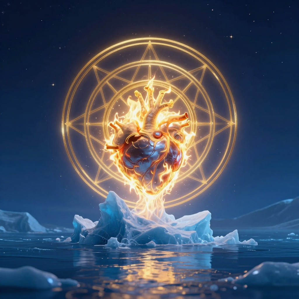 压抑情感：A frozen fire beneath a calm surface, an iceberg with a subm
