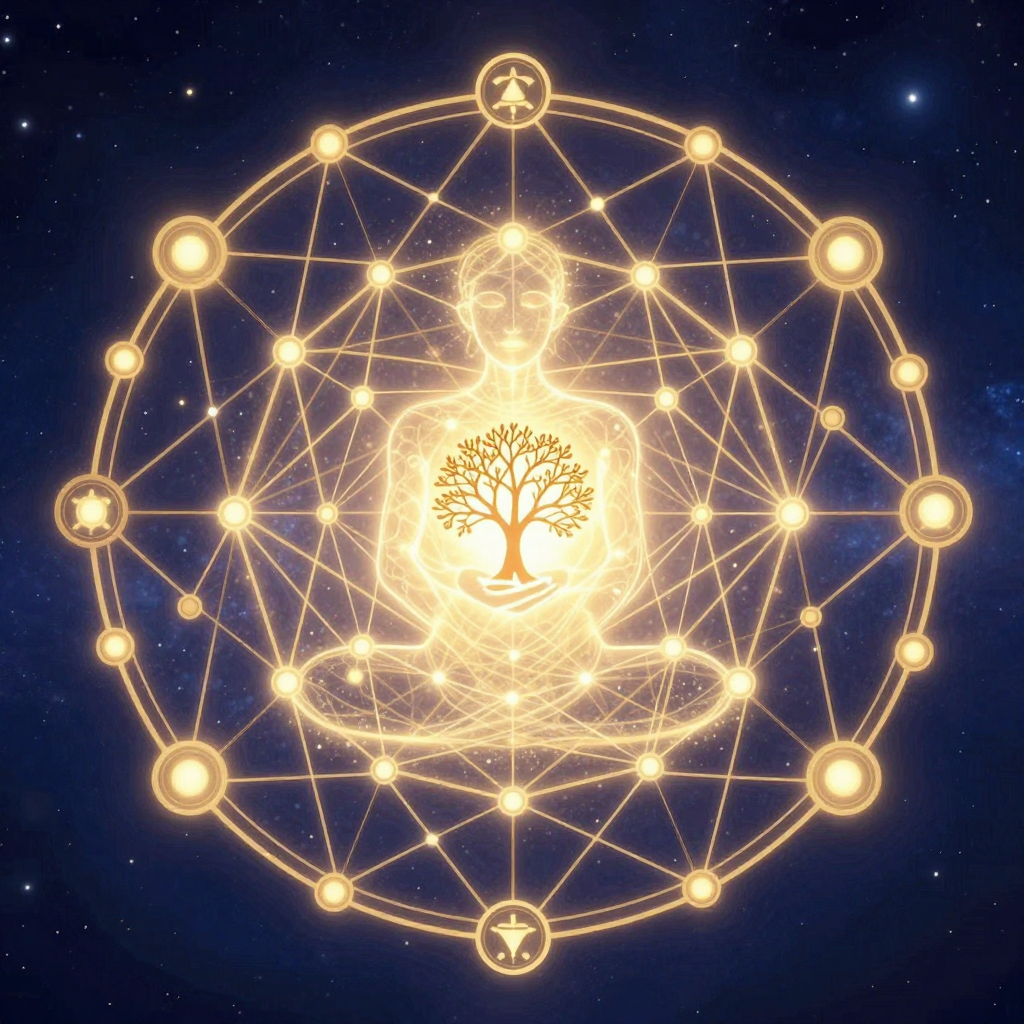 系统性：A luminous web of interconnected nodes representing mind, bo