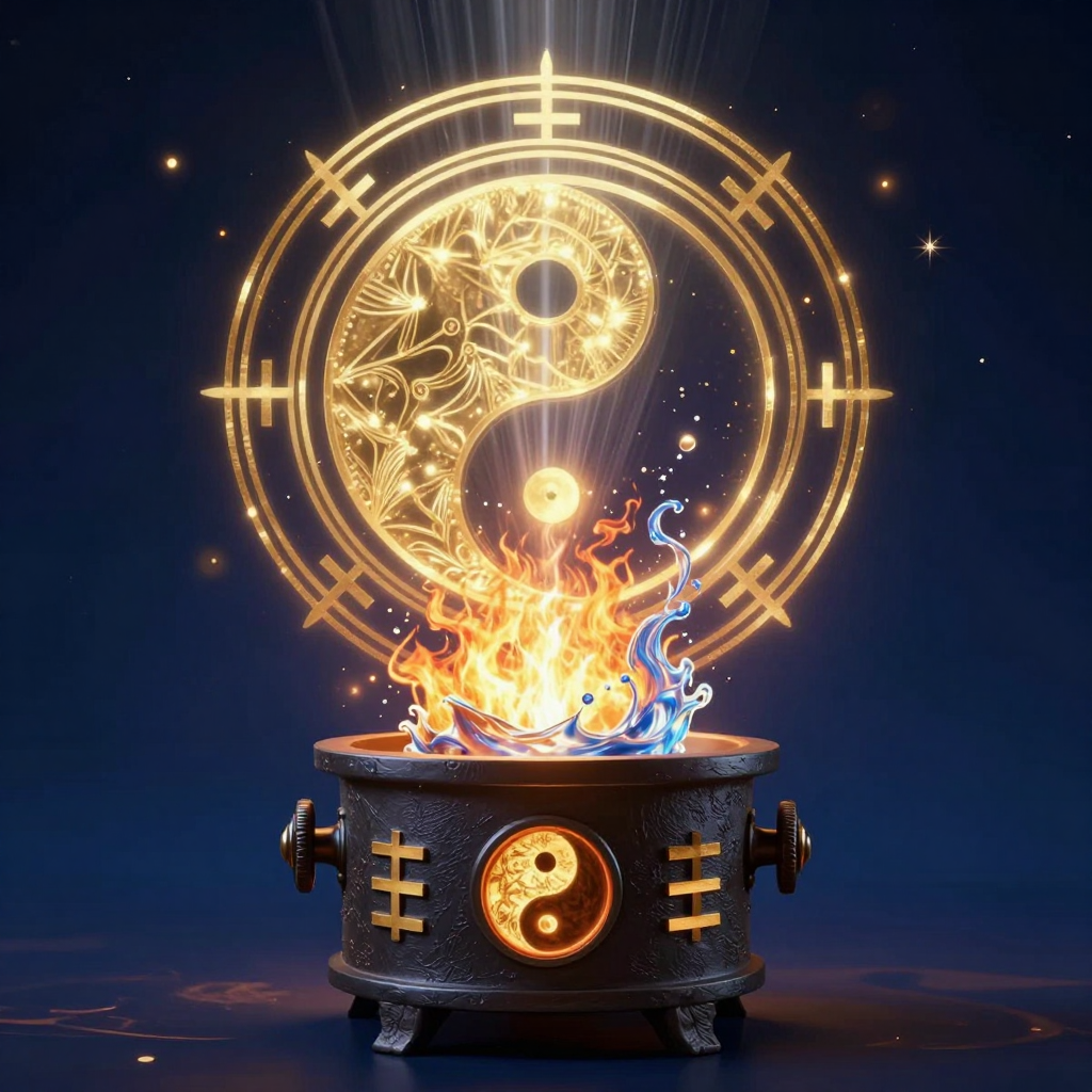 参同契：An ancient alchemical furnace with trigram symbols, yin-yang