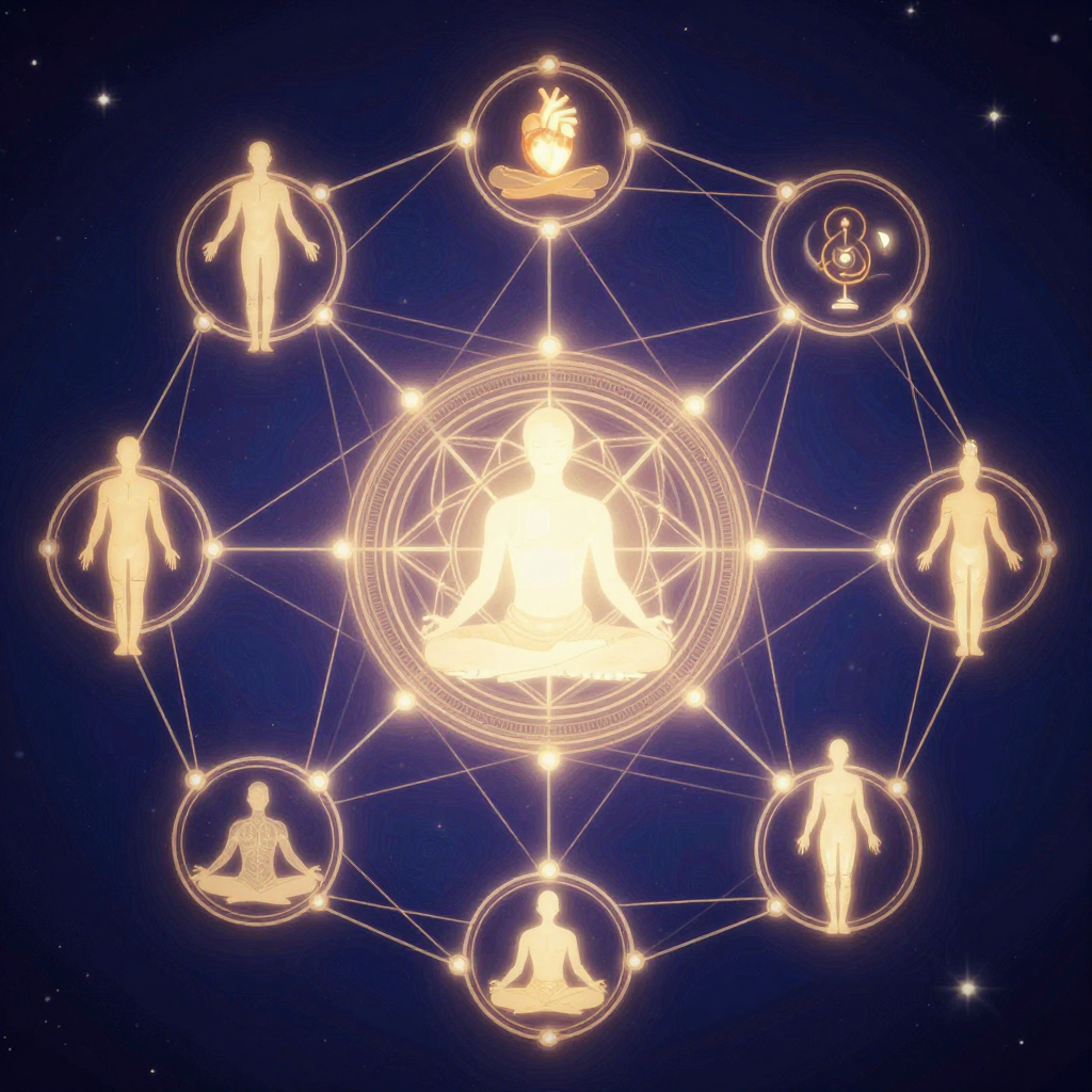 系统觉察：A network of glowing interconnected nodes representing human