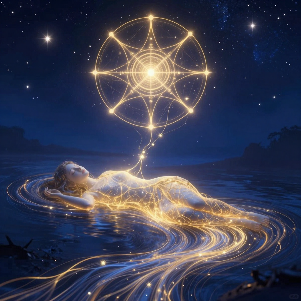 意识连续性：A surreal river of light flowing through a sleeping figure, 