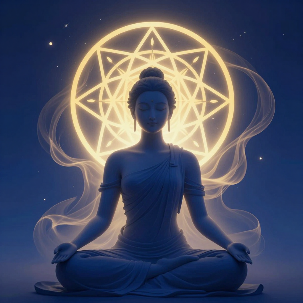 呼吸调控：A serene person practicing deep breathing, with flowing air 