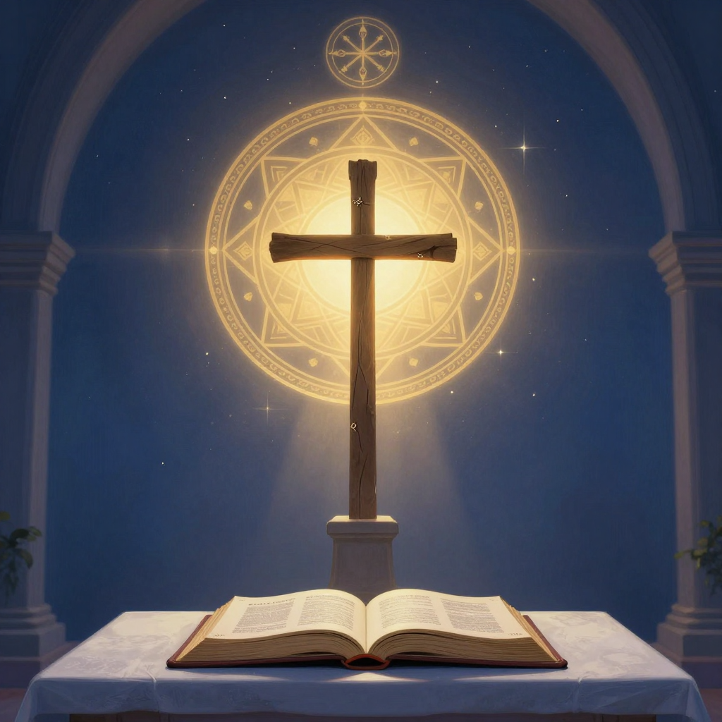 路德宗：A church interior with a simple altar, open Bible, and a rug
