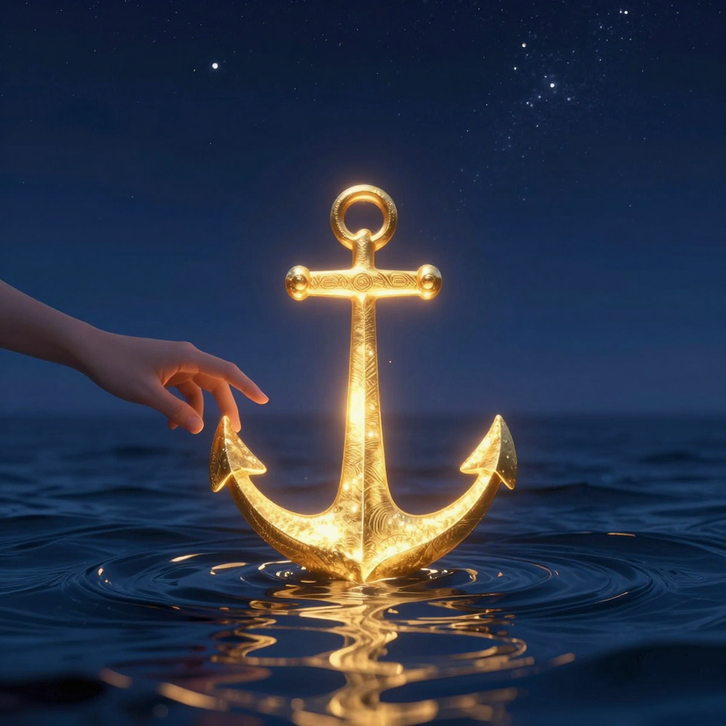 定锚：A glowing golden anchor sinking into calm ocean waves under 
