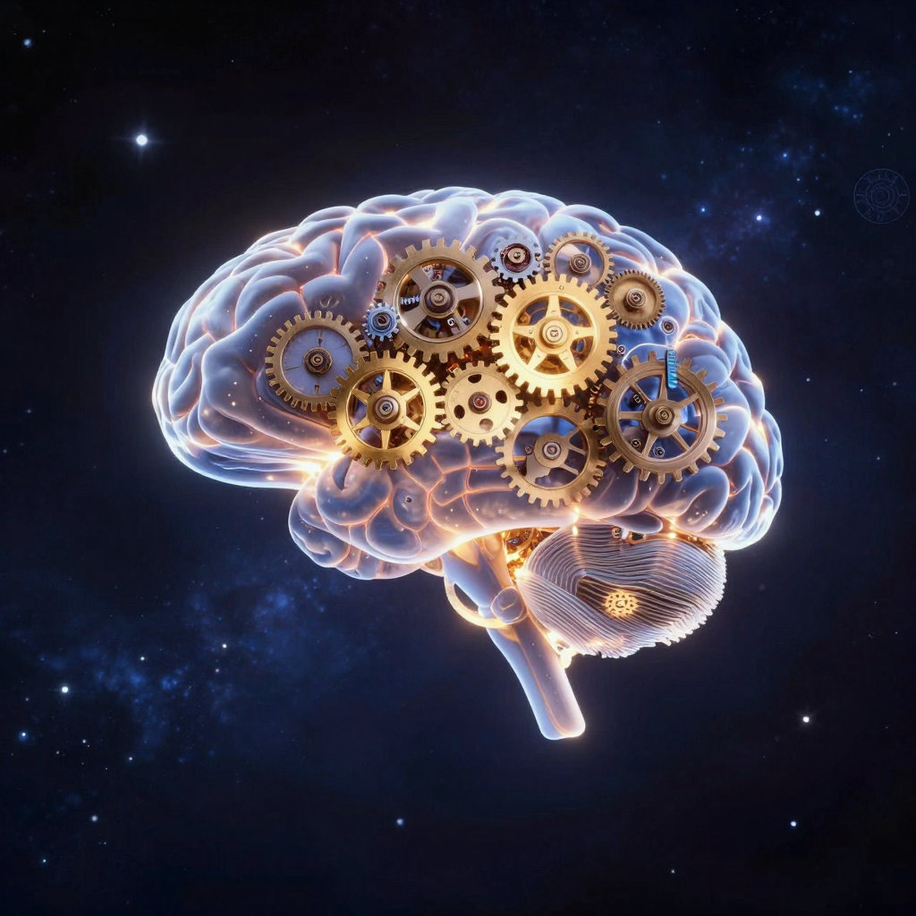 肯尼斯·克雷克：A glowing, translucent human brain intertwined with delicate