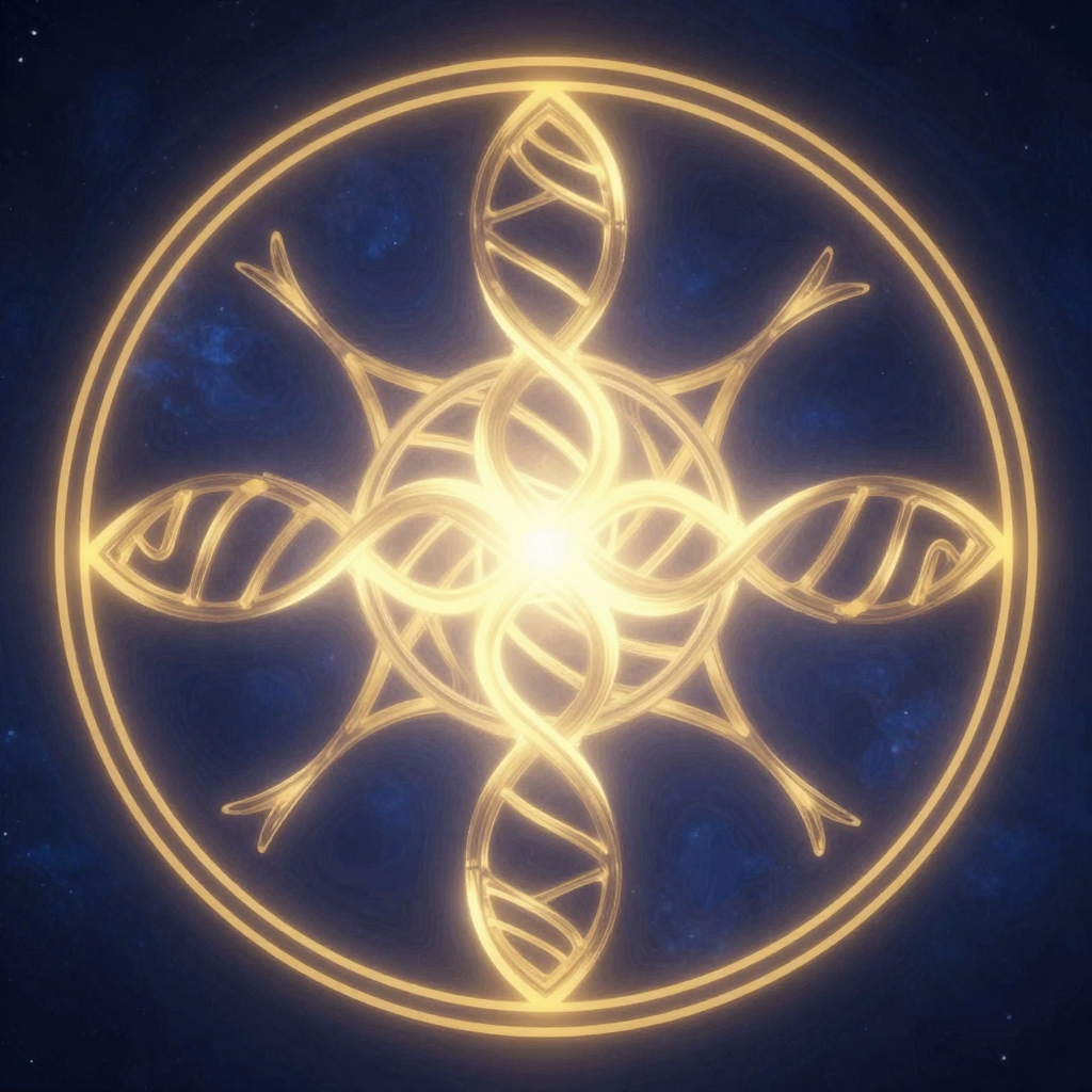 遗传印记：A double helix intertwined with ancestral shadows and glowin