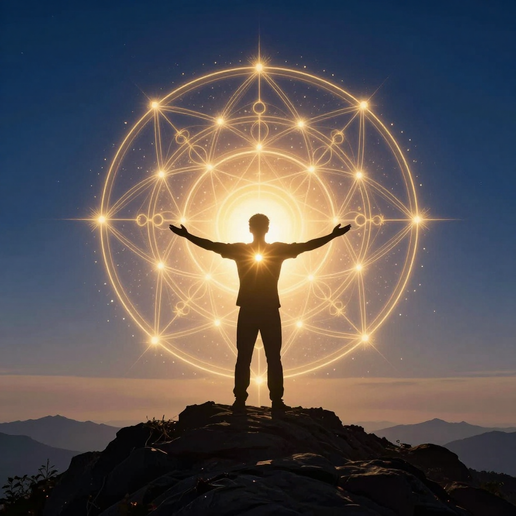 超越自我：A silhouette stands on a mountain peak at sunrise, arms open