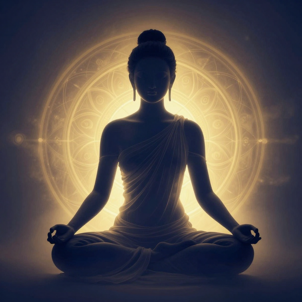 身体临在：A serene silhouette of a person meditating, covered in a sof