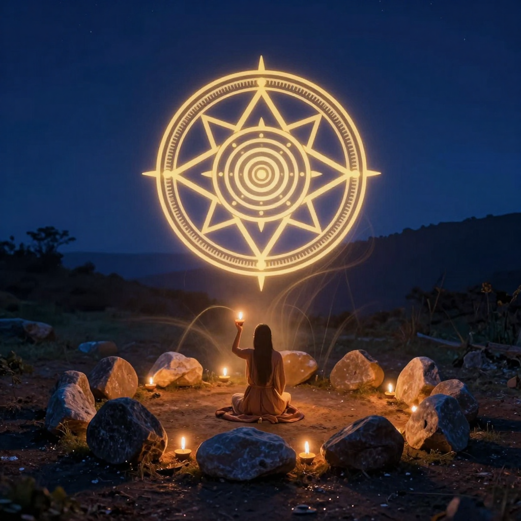 仪式疗愈：A serene figure performing a candle-lighting ritual in a cir