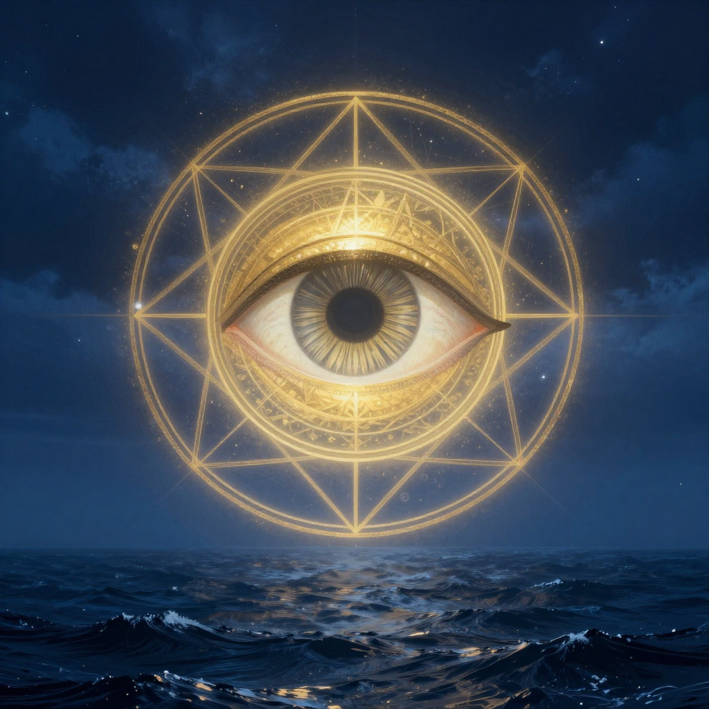 观察自我：A serene eye observing from the sky above a stormy ocean, sy