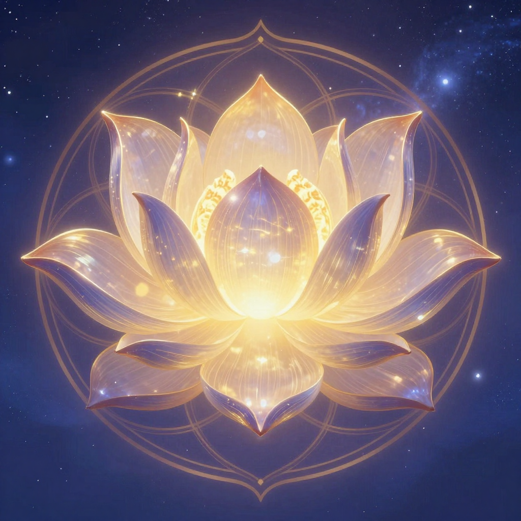 圆融三谛：A radiant lotus with three petals unfolding simultaneously, 