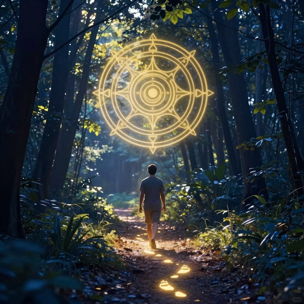 正念运动：A person practicing mindful walking in a peaceful forest, su