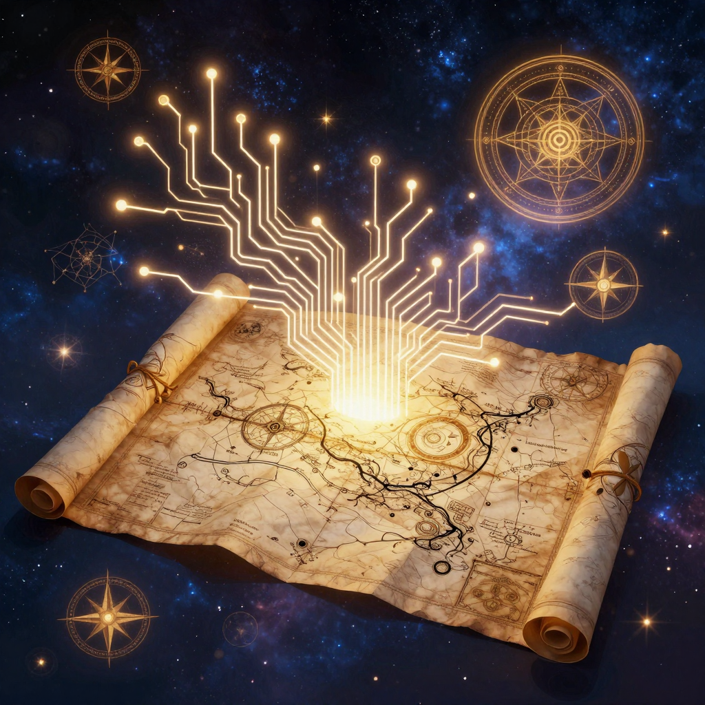 命运地图：A mystical map with glowing circuit-like lines unfolding acr