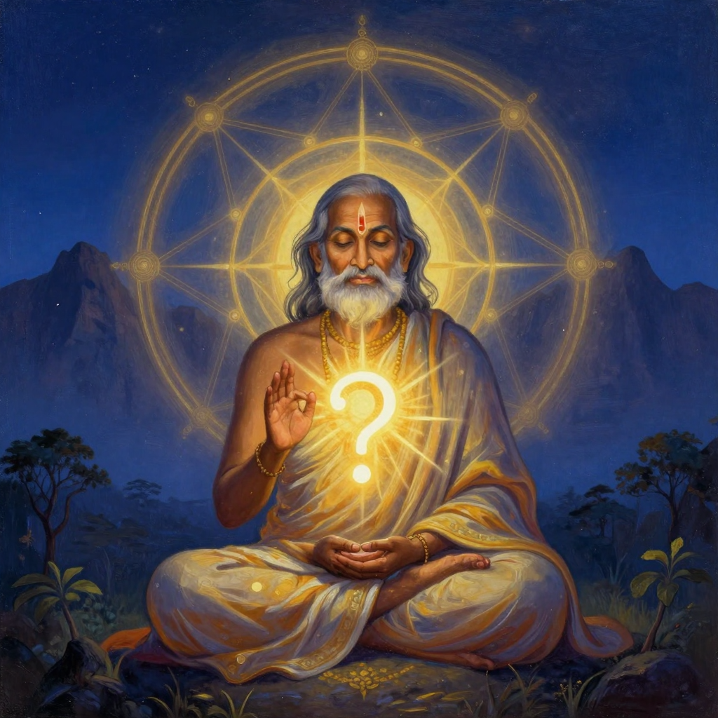 拉玛纳·马哈希：Serene Indian sage Ramana Maharshi sitting in silent meditat