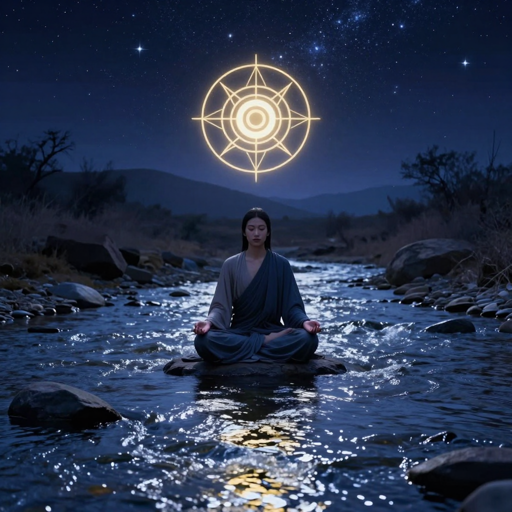 觉察意识：A serene, meditative figure sitting by a clear flowing river