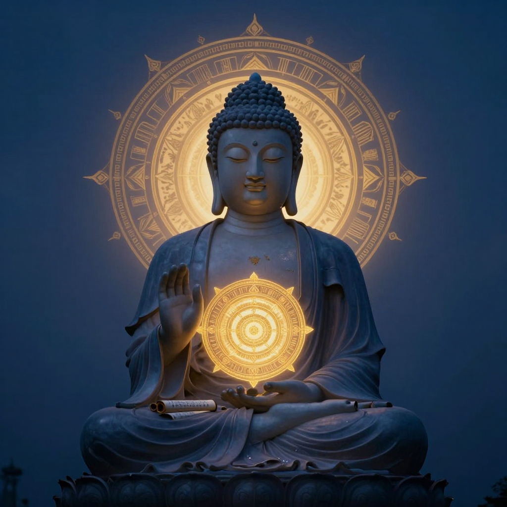 显密教法：A serene Buddha statue half illuminated by daylight, half sh