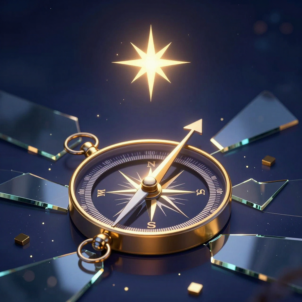价值对齐：A compass needle aligning with a glowing North Star, surroun