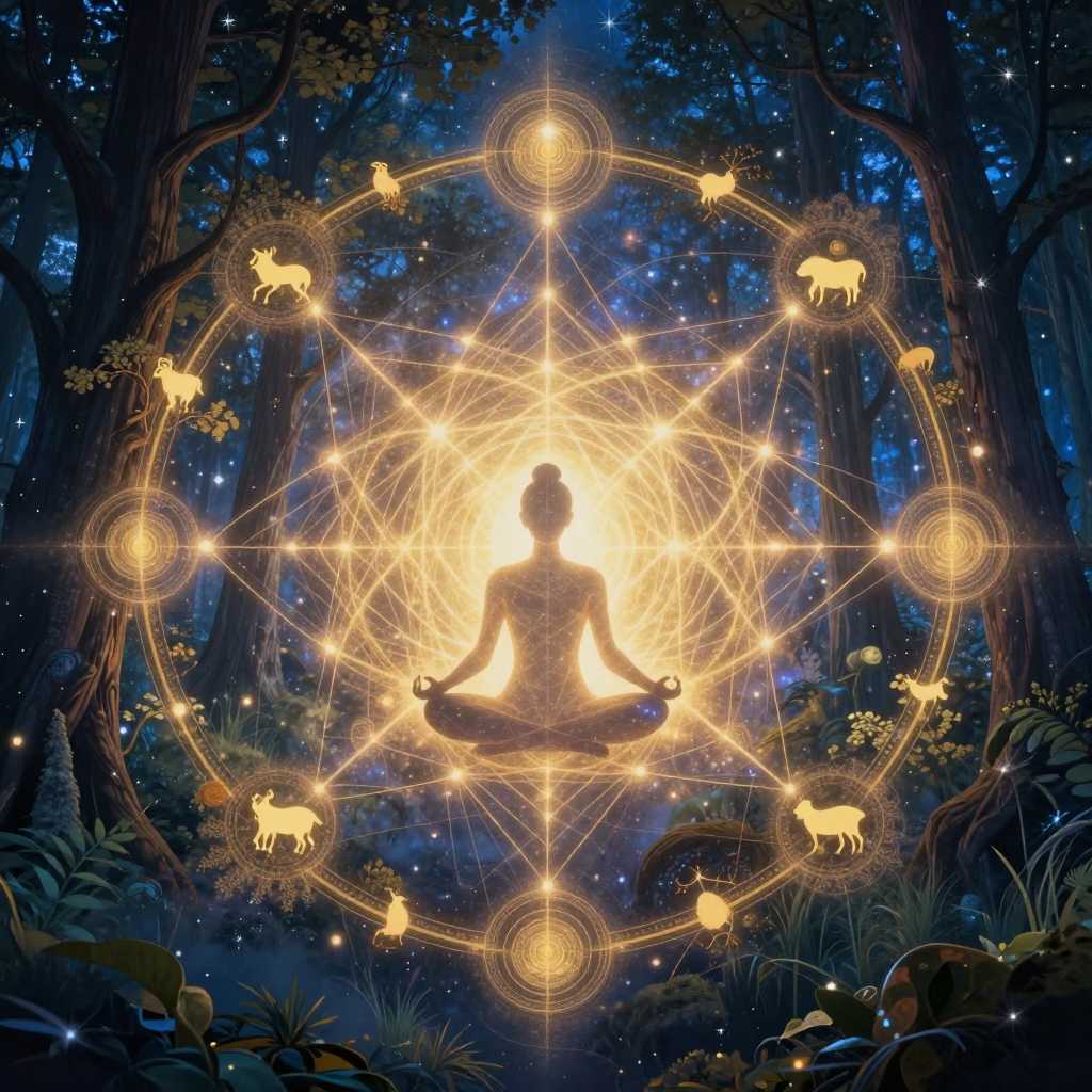 灵性生态：A cosmic web of life, a luminous human silhouette in meditat