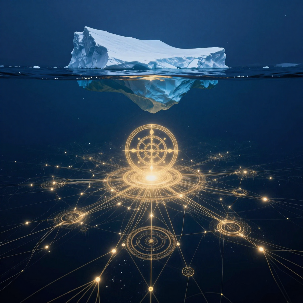 深层记忆：A deep blue ocean with a massive iceberg floating, only the 