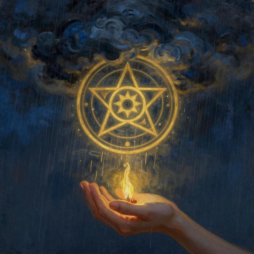 重度抑郁：A heavy dark cloud pouring rain over a tiny glowing ember pr