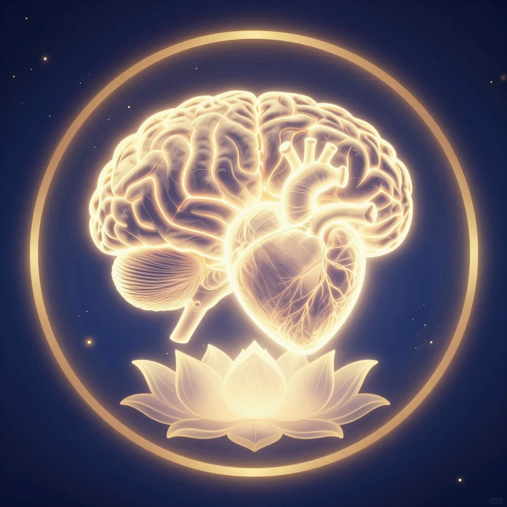 智慧慈悲：An ethereal image of a luminous brain and a glowing heart in